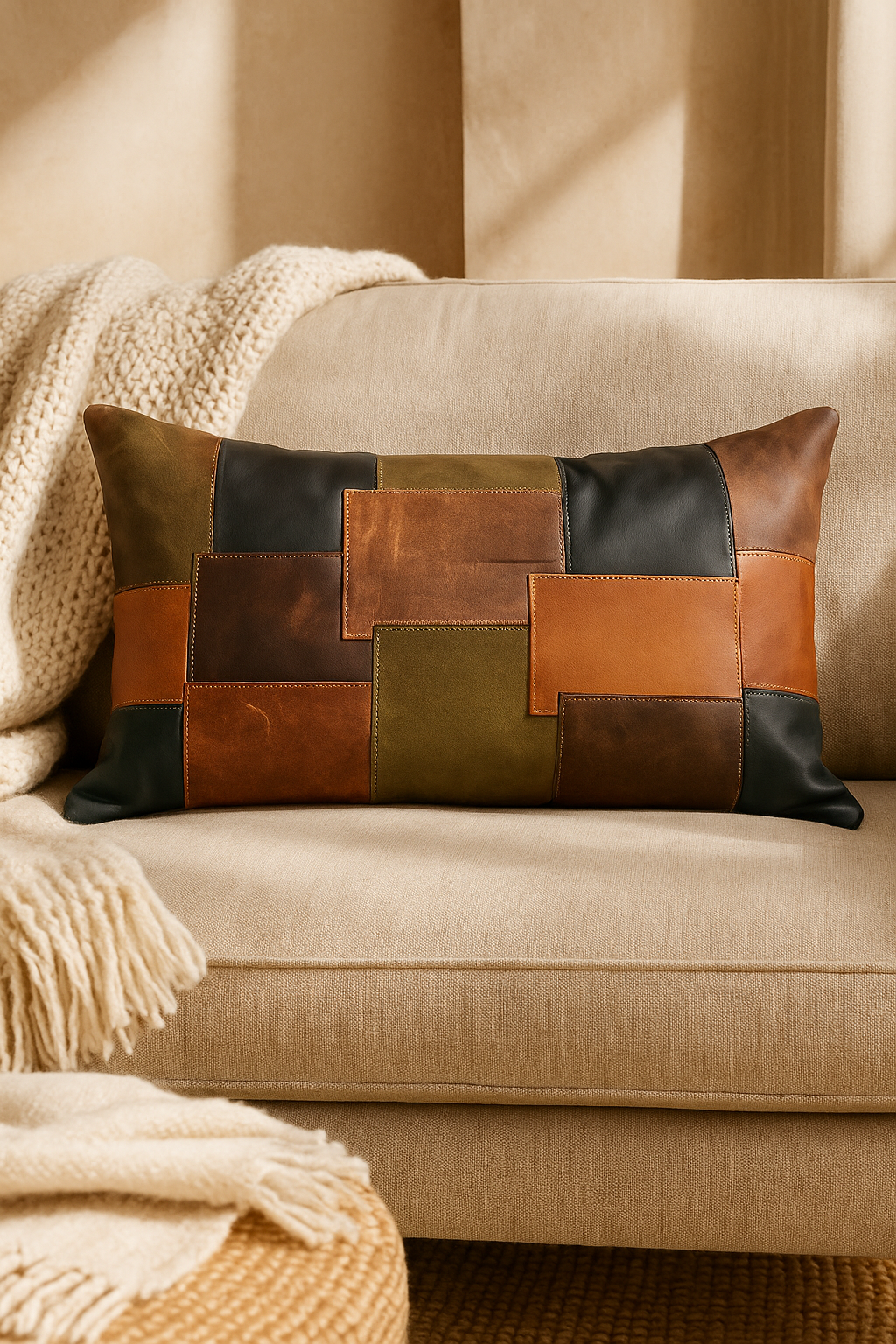 Earth-toned patchwork leather lumbar pillow styled on bed décor