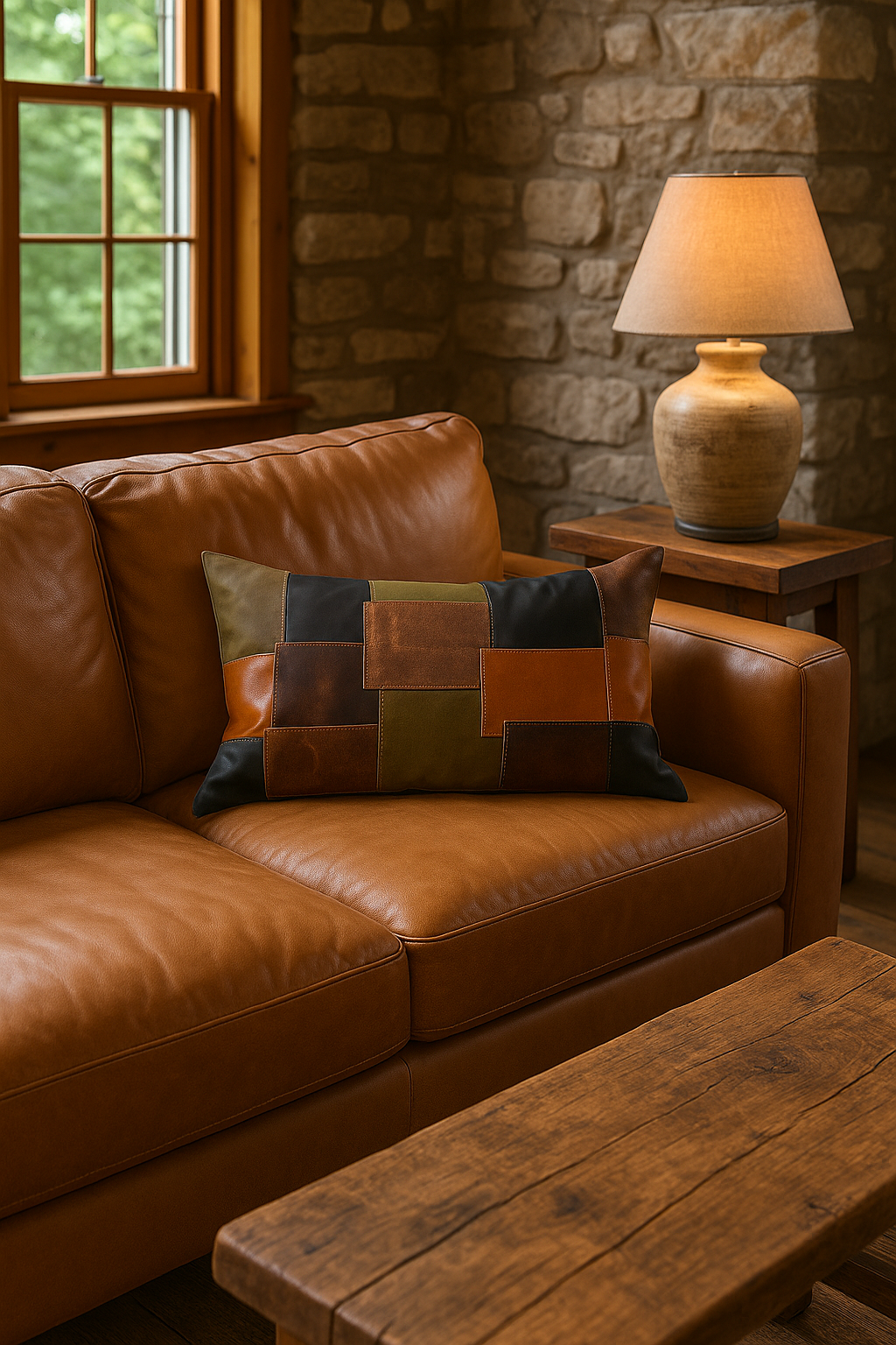 Close-up of patchwork leather cushion cover with earthy color detailing