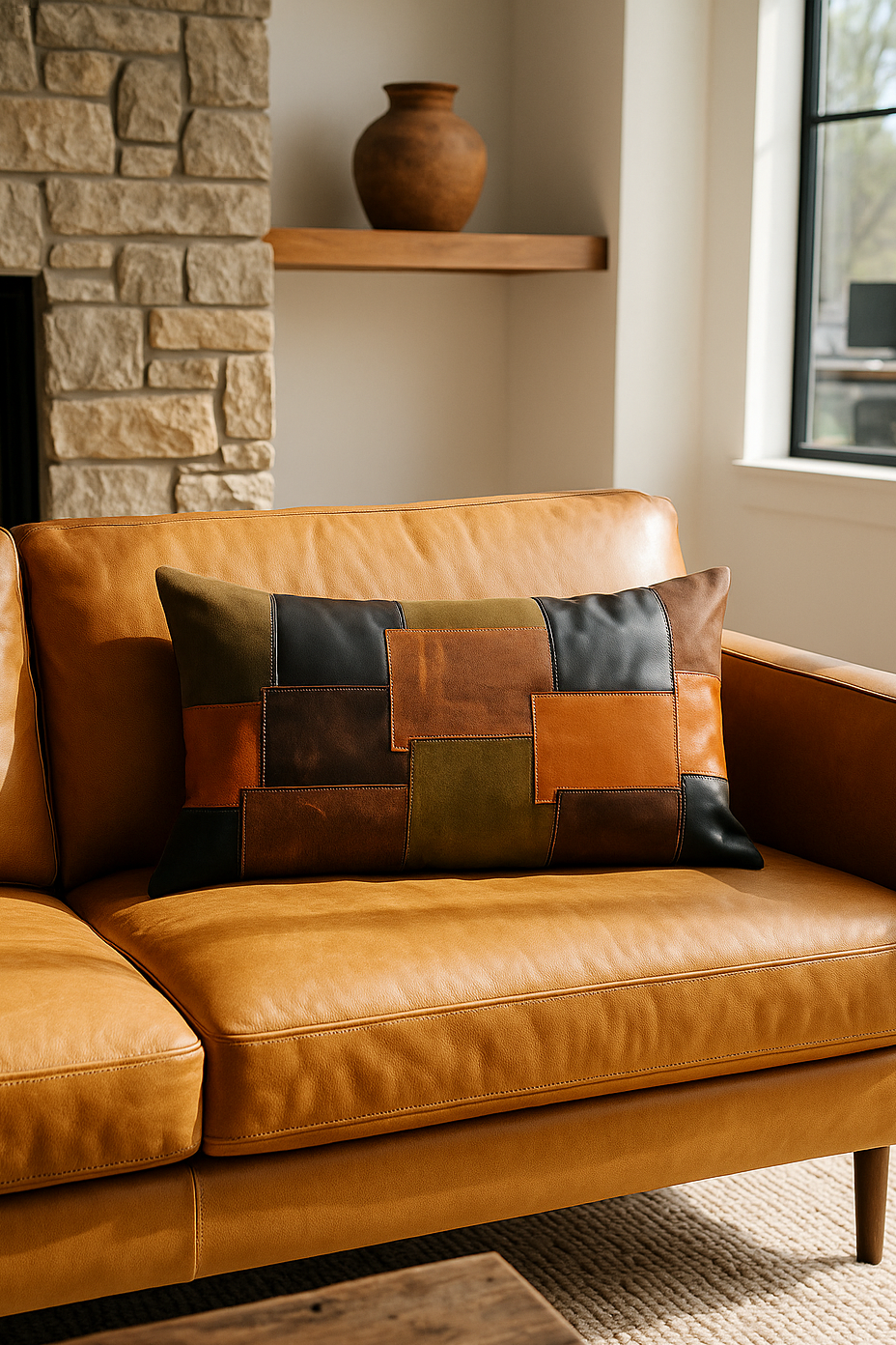 Earth-toned patchwork leather lumbar cushion on sofa - rustic accent pillow
