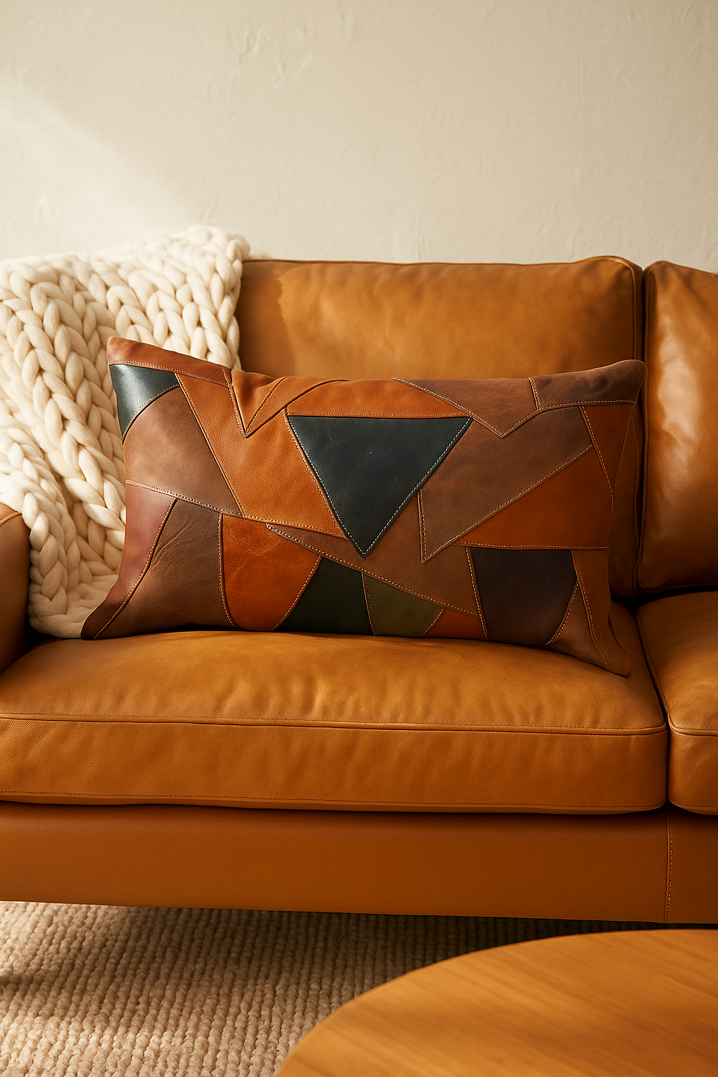 Rustic Geometric Patchwork Leather Lumbar Cushion - Linen Connections