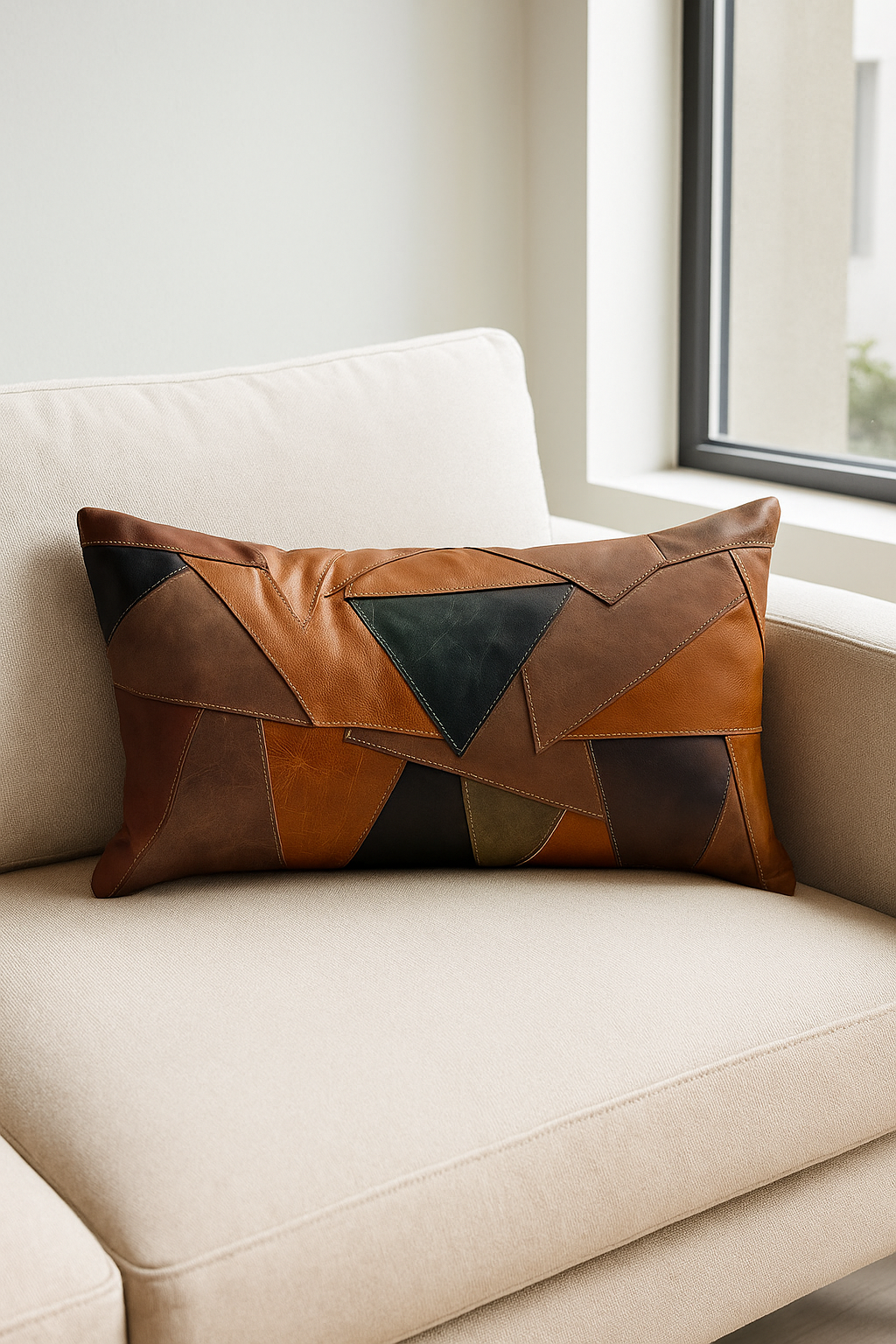 Rustic Geometric Patchwork Leather Lumbar Cushion - Linen Connections