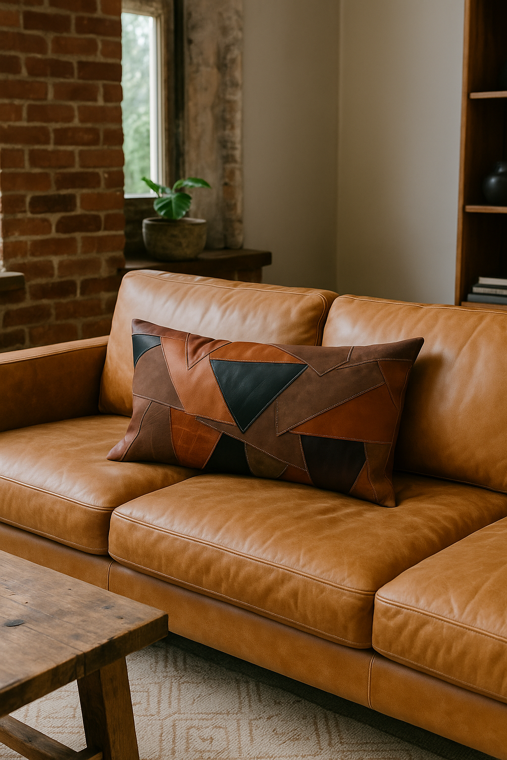 Rustic Geometric Patchwork Leather Lumbar Cushion - Linen Connections