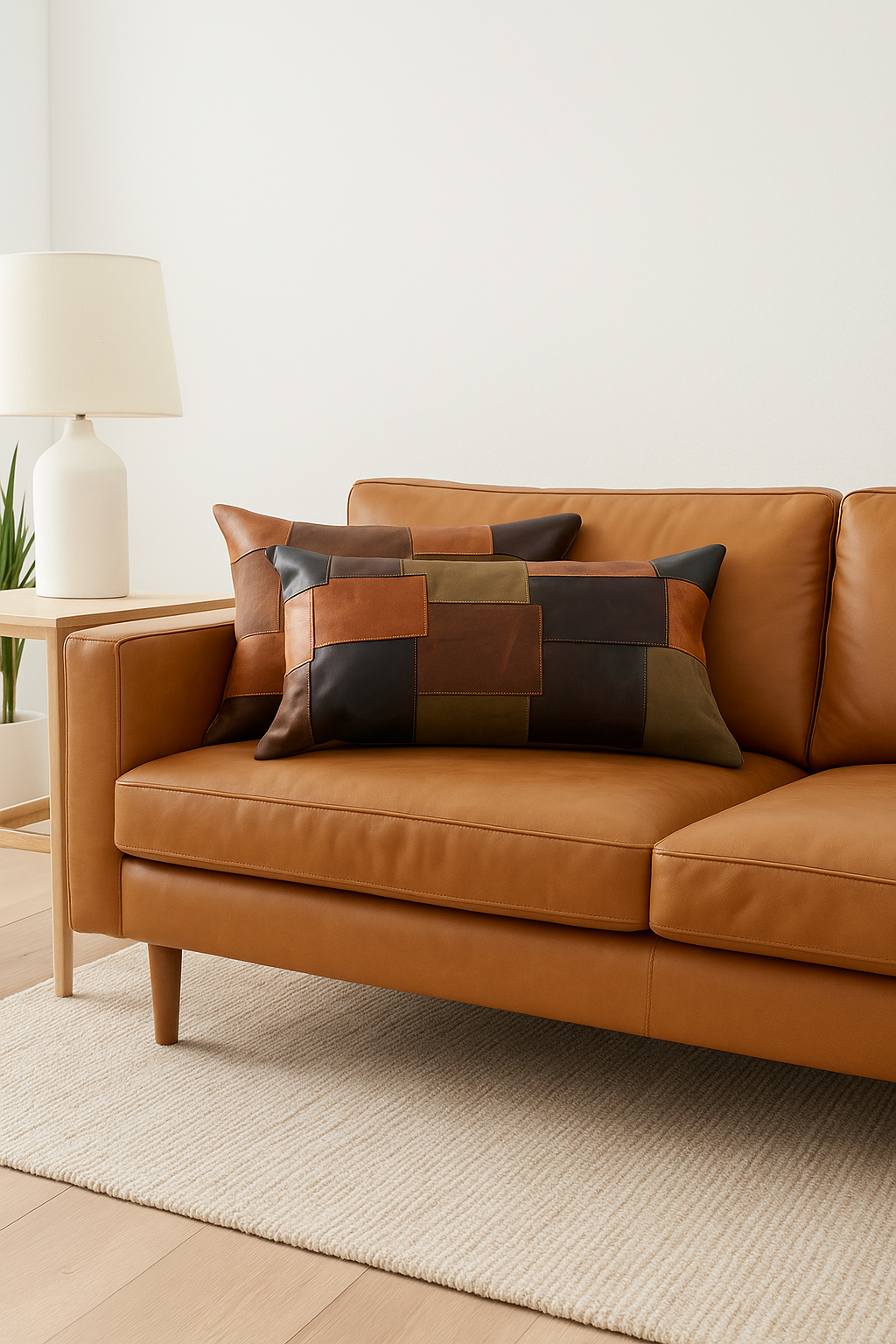 Handmade genuine leather patchwork cushion cover in earthy tones
