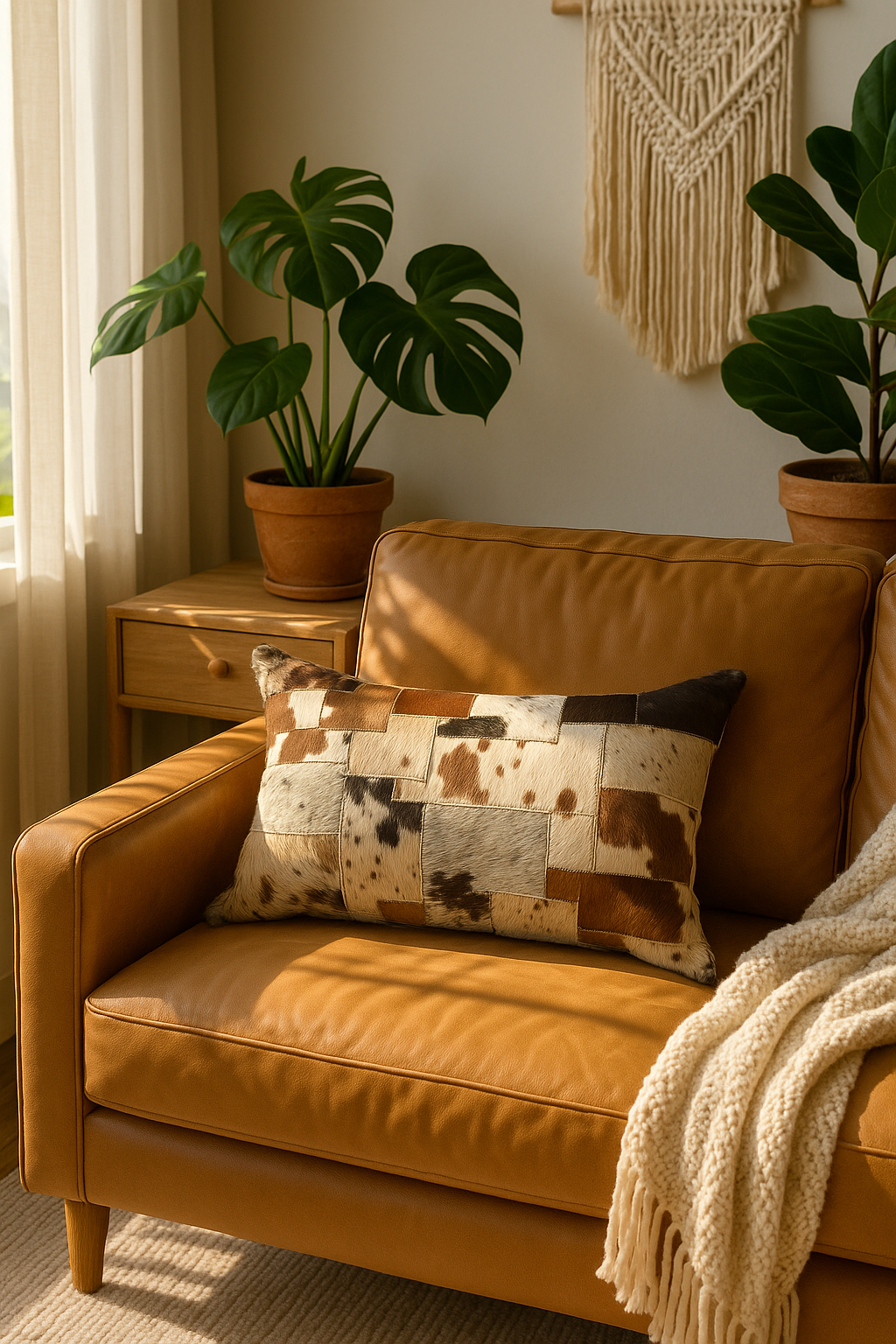 Rustic farmhouse style cowhide lumbar pillow - genuine leather patchwork cushion