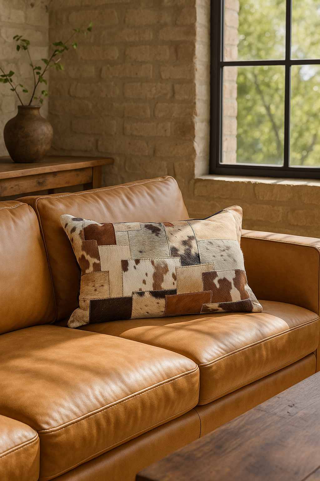 Close-up of outback patchwork cowhide cushion cover with natural leather texture