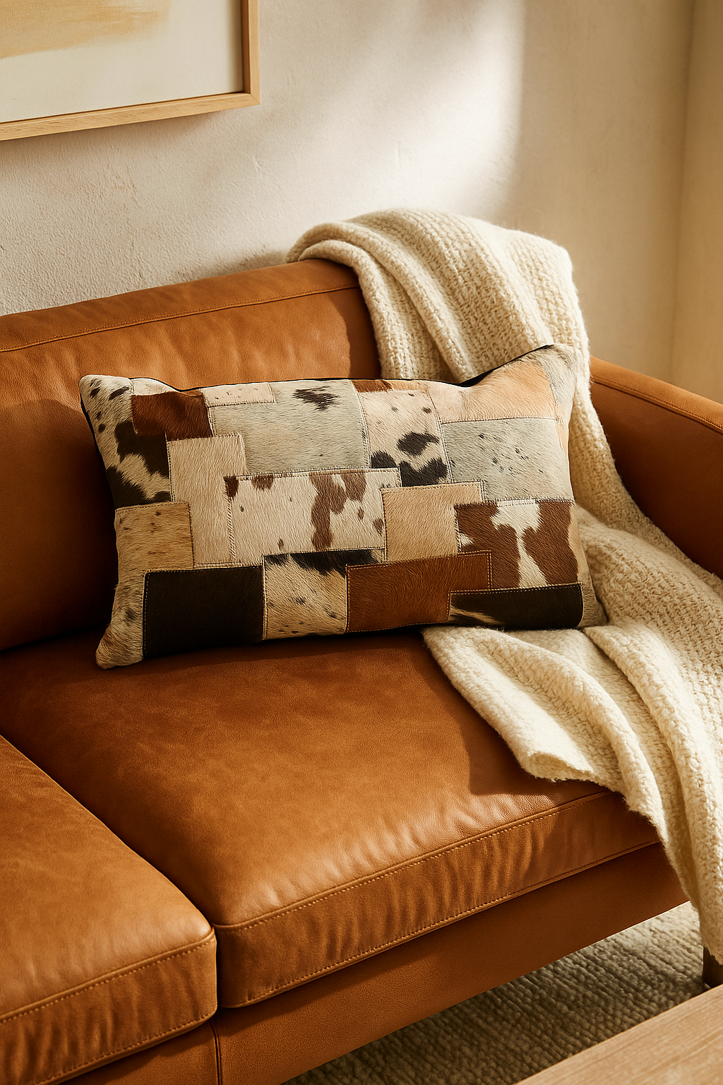 Outback patchwork cowhide lumbar cushion - rustic leather accent pillow on sofa
