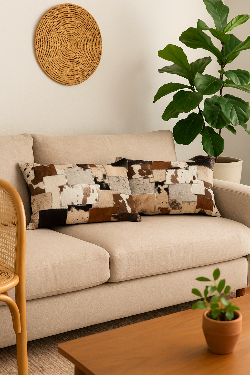 Handmade cowhide patchwork lumbar cushion in earthy tones - Melbourne Leather Co