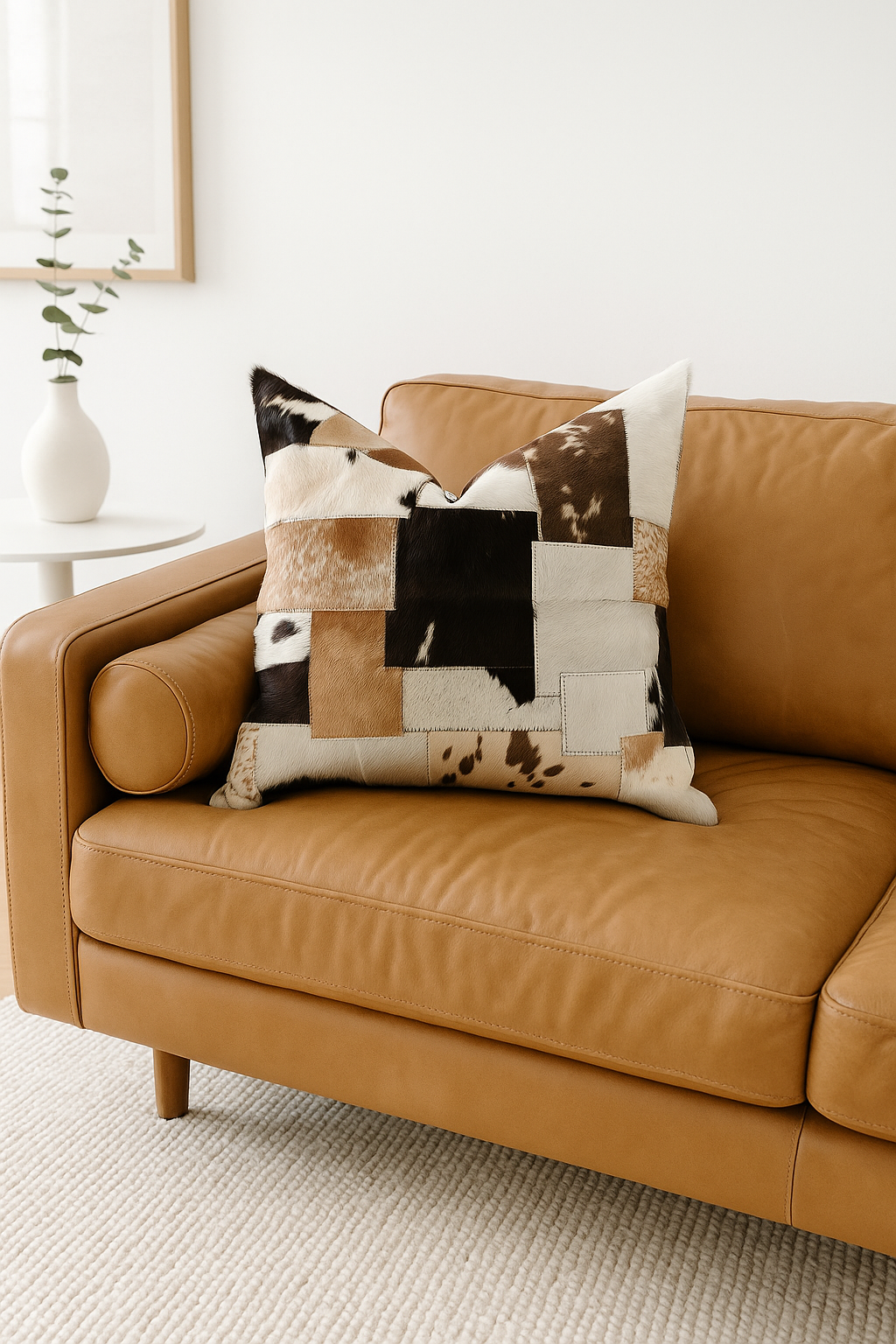 Rustic leather patchwork cushion on sofa - Heritage 60x60cm cowhide pillow