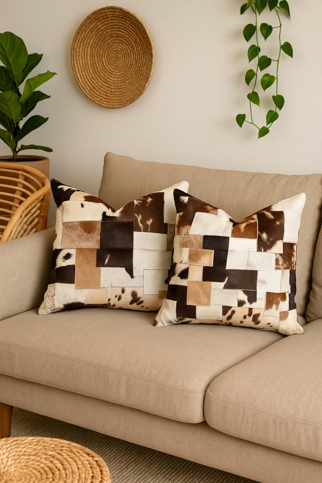 Close-up of genuine cowhide patchwork cushion cover - Heritage rustic accent pillow