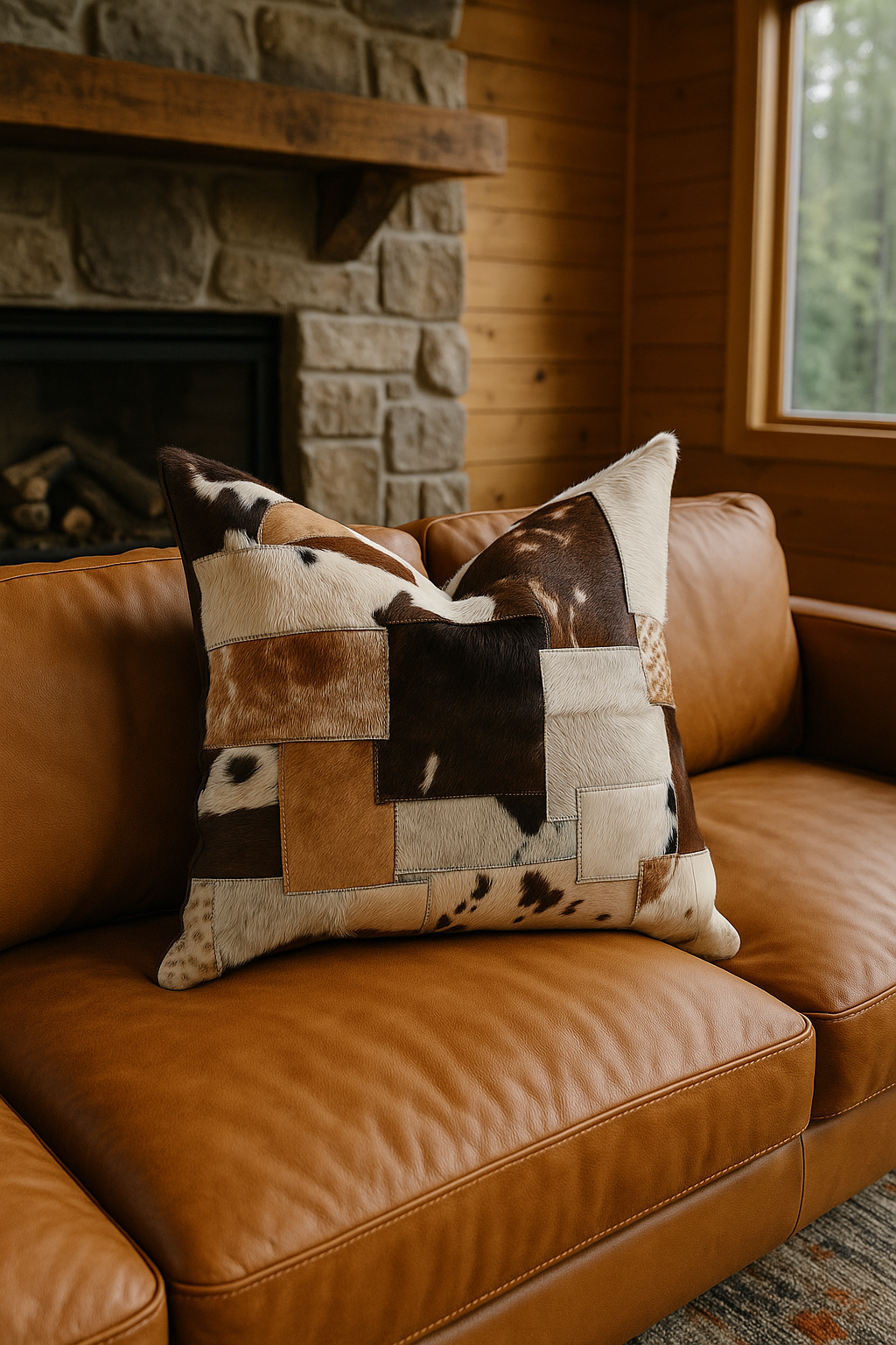 Heritage patchwork cowhide cushion cover - rustic leather accent pillow 60x60cm