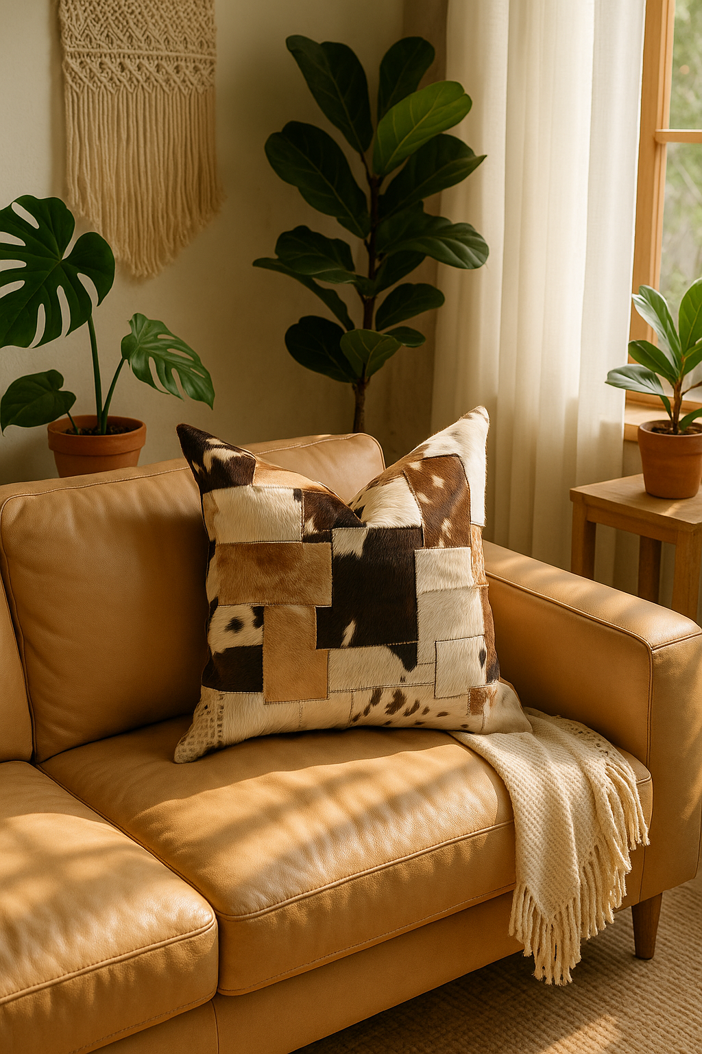 Handmade genuine cowhide patchwork cushion - rustic farmhouse style pillow cover