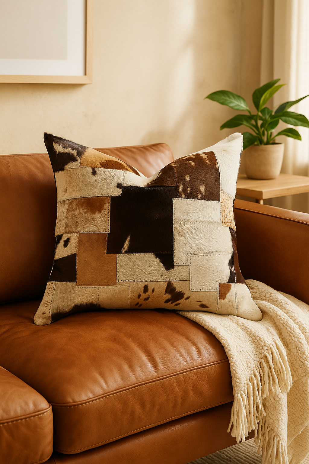 Heritage cowhide patchwork cushion styled on bed - handmade rustic leather pillow
