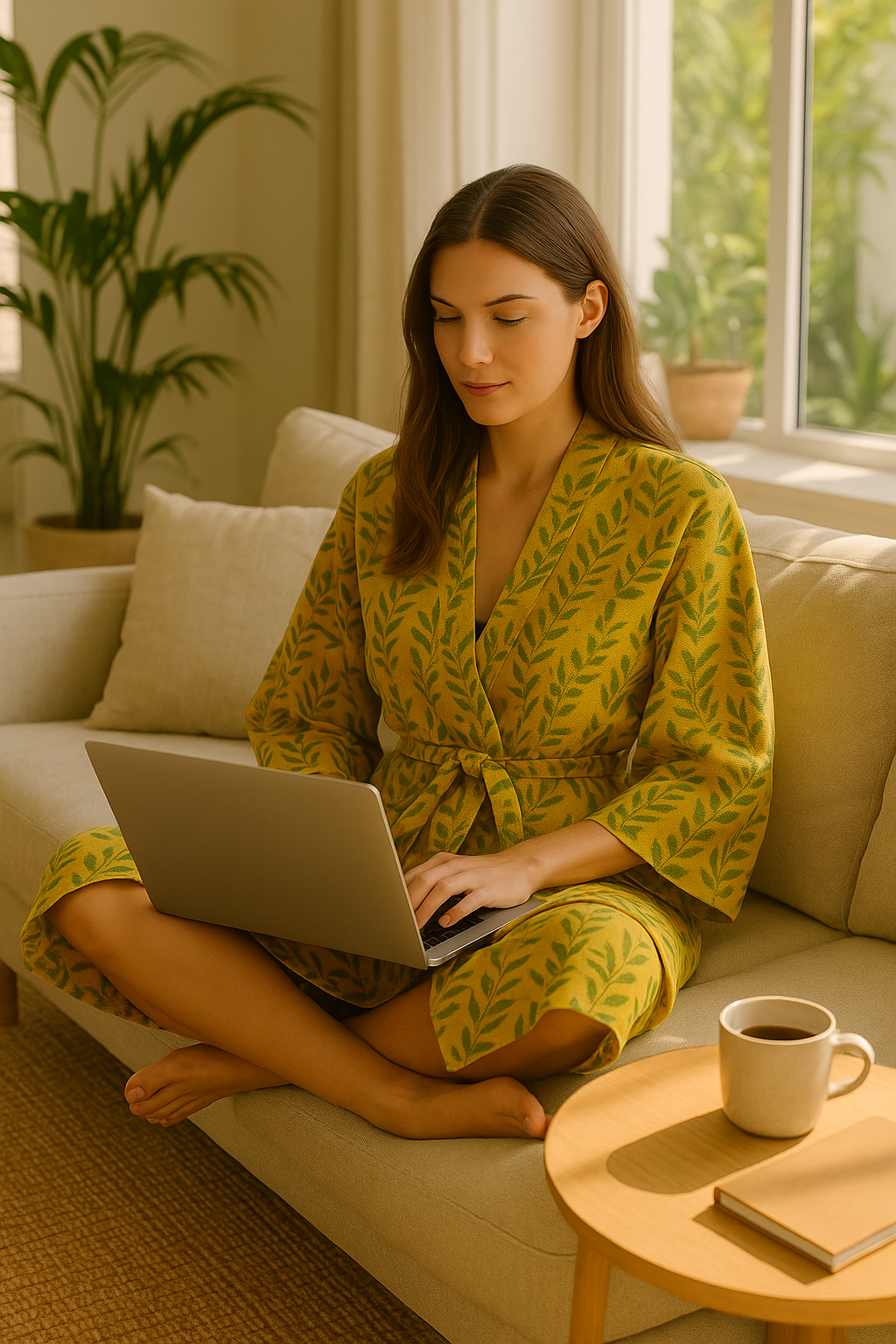 Botanical Yellow Waffle Cotton Kimono Robe – Yellow Leaf
