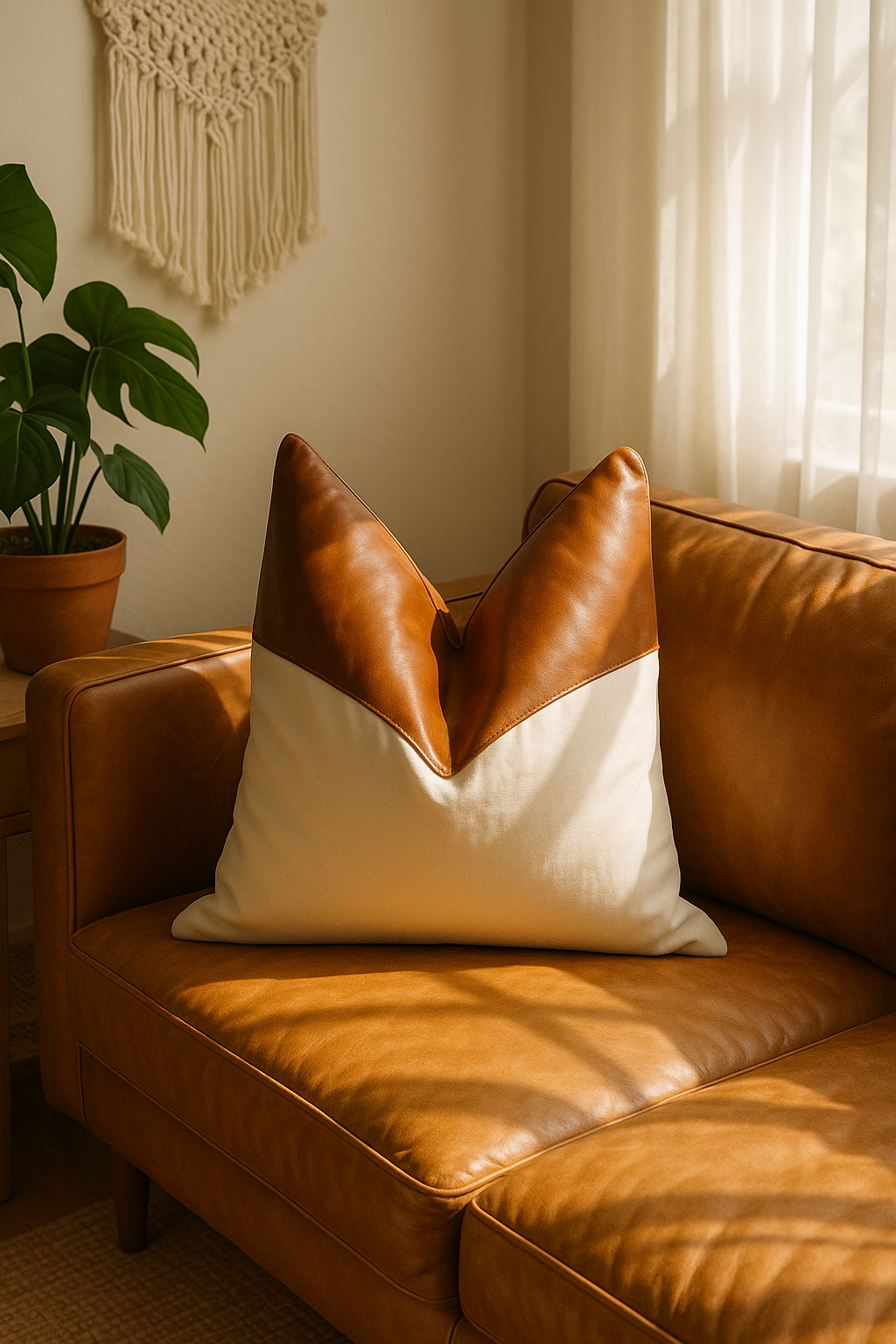 Tan leather and canvas cushion cover on modern leather sofa – Linen Connections handmade throw pillow