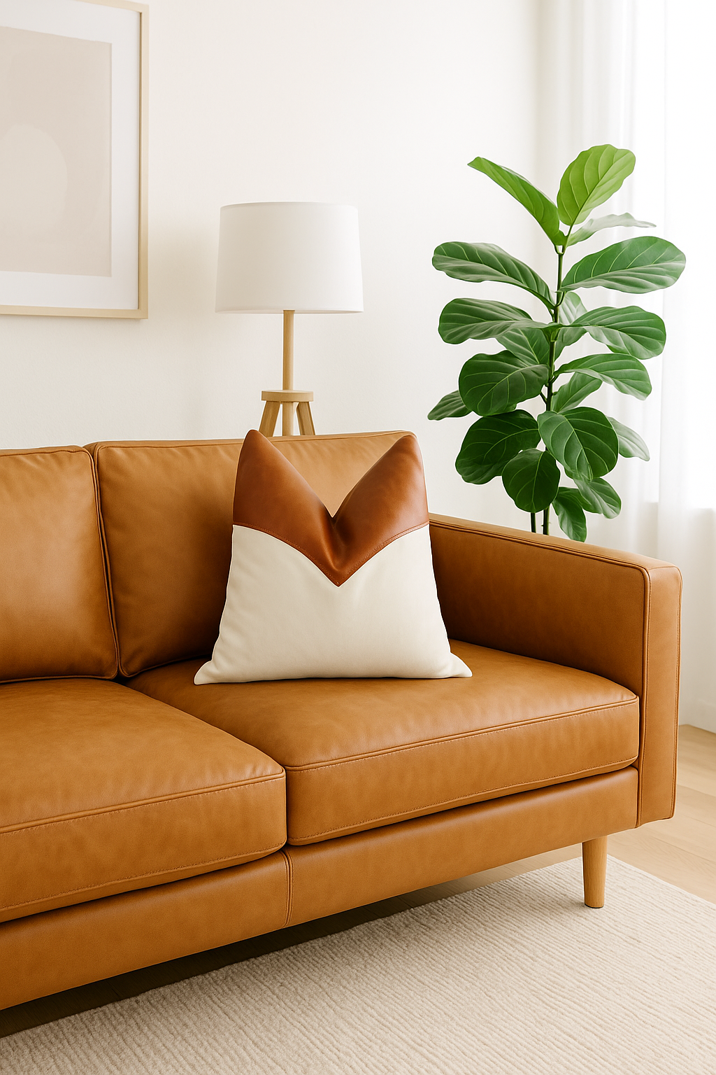 Two-tone leather and fabric throw pillow on contemporary couch