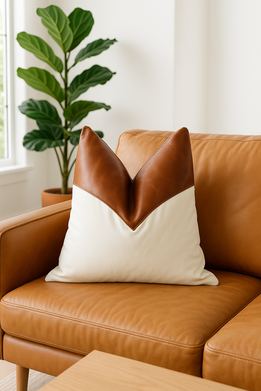 Rustic leather and cotton cushion styled in Scandinavian living room décor