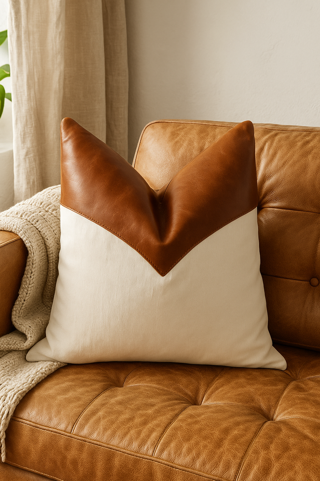 Handmade tan leather cushion cover with cotton canvas for modern farmhouse interiors