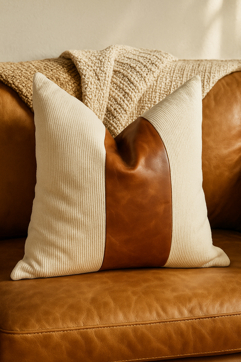 Rustic stripe cushion in tan leather and cream cotton fabric displayed on leather couch