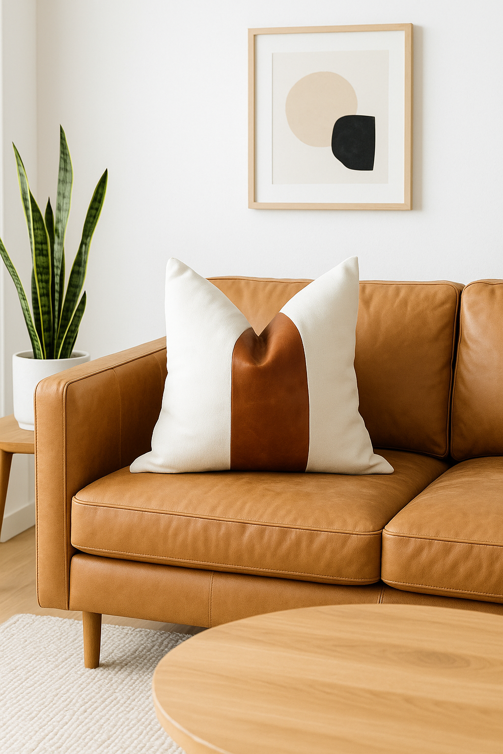 Scandinavian style leather and cotton cushion on minimalist sofa with wall art décor