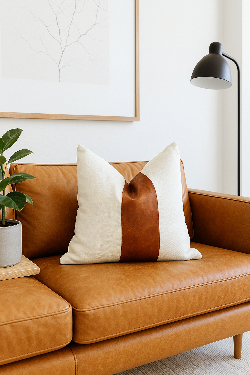 Modern leather and cotton accent pillow styled on sofa with indoor plants and natural light