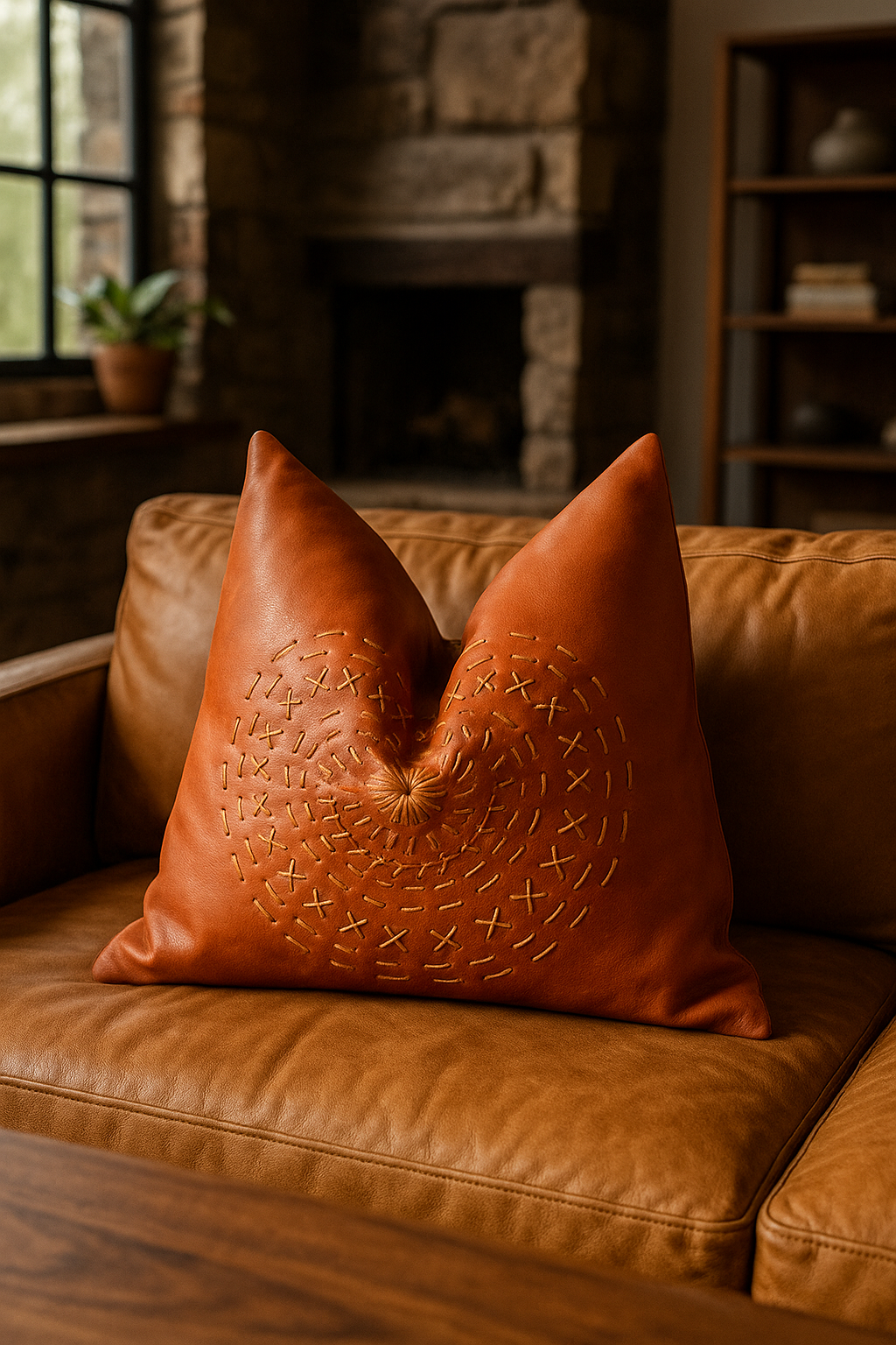 Handcrafted tan leather cushion with mandala embroidery on beige sofa