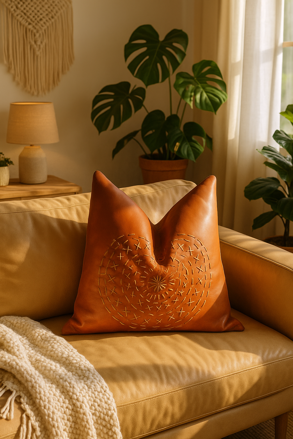 Mandala embroidered tan leather pillow on minimalist leather sofa