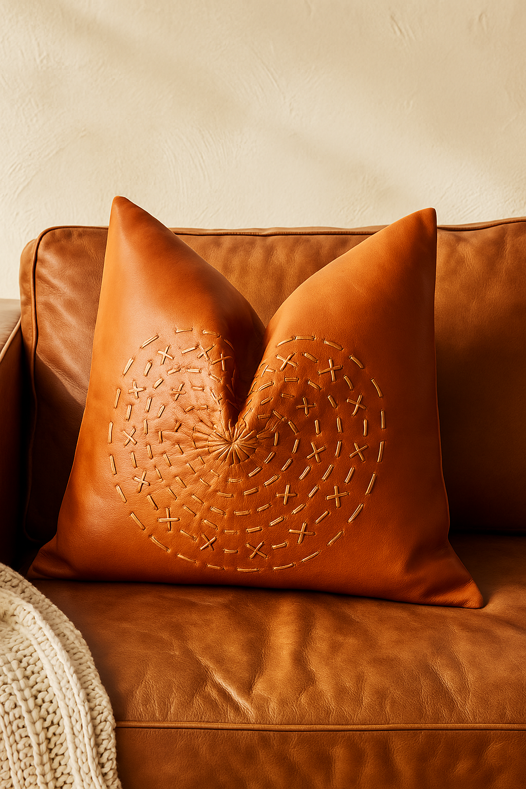Tan mandala leather cushion styled on modern couch with indoor plant