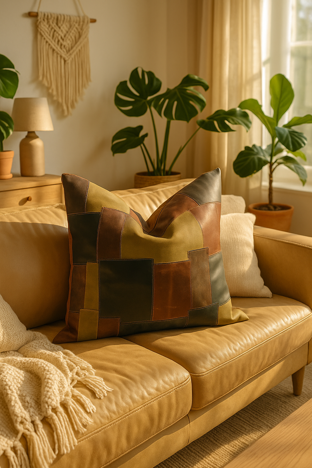 Rustic genuine leather cushion cover with square patchwork pattern - handmade home decor
