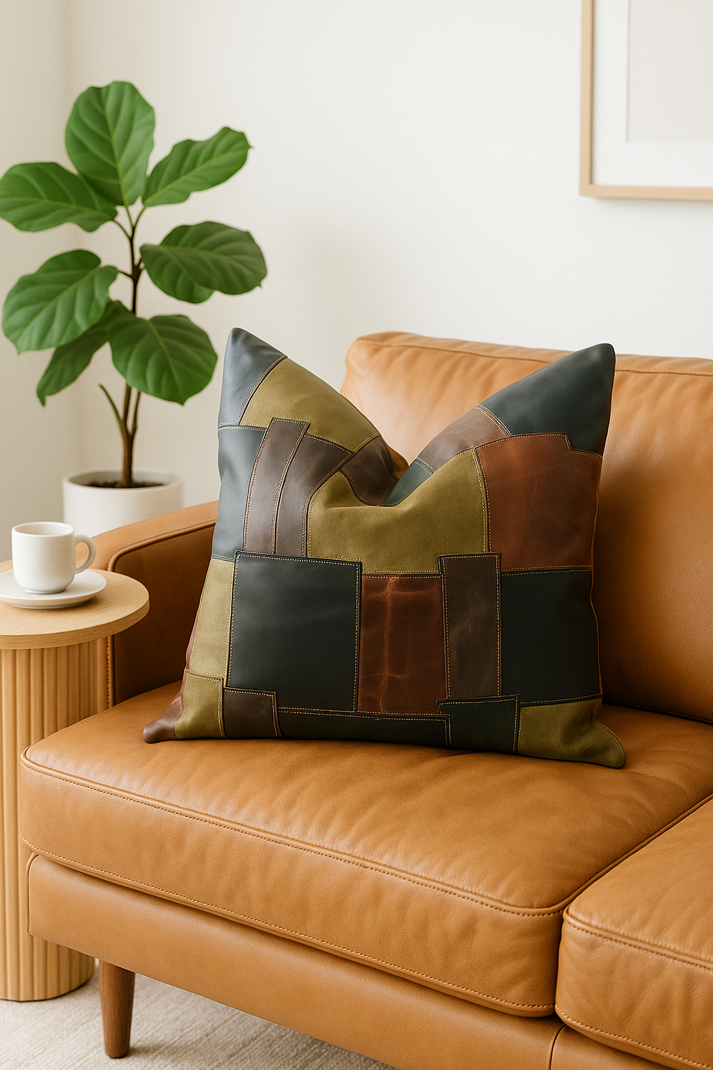 Modern artisan leather cushion cover featuring stitched patchwork design - brown and tan shades
