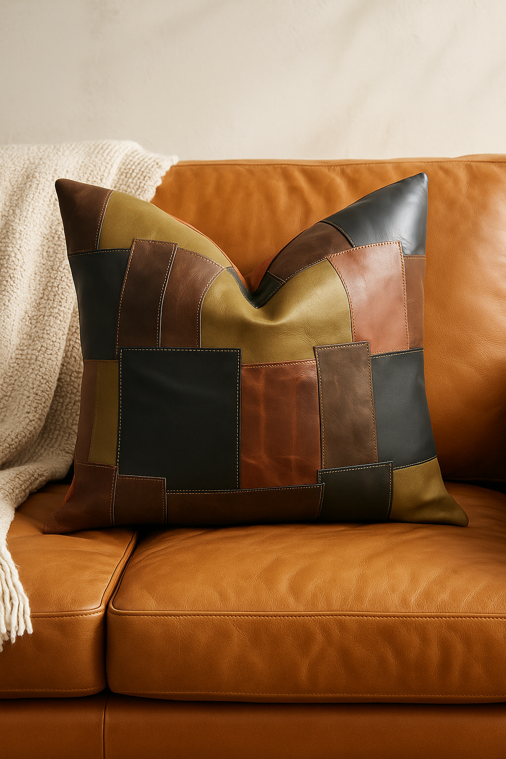 Luxury patchwork leather cushion for sofa or bed - Life of Squares collection, 60x60 cm