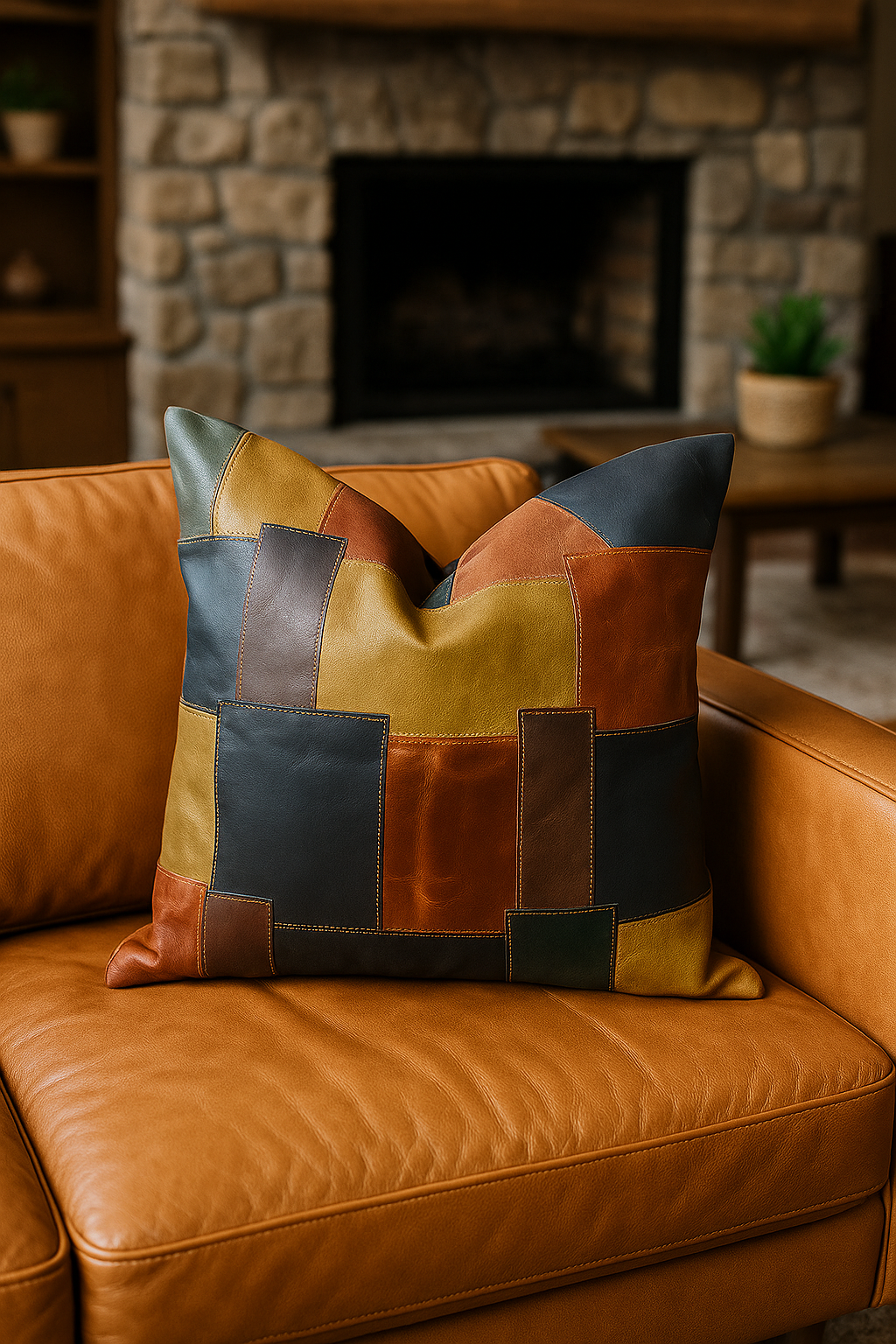 Handcrafted patchwork leather cushion cover in earthy tones - Life of Squares design, 60x60 cm