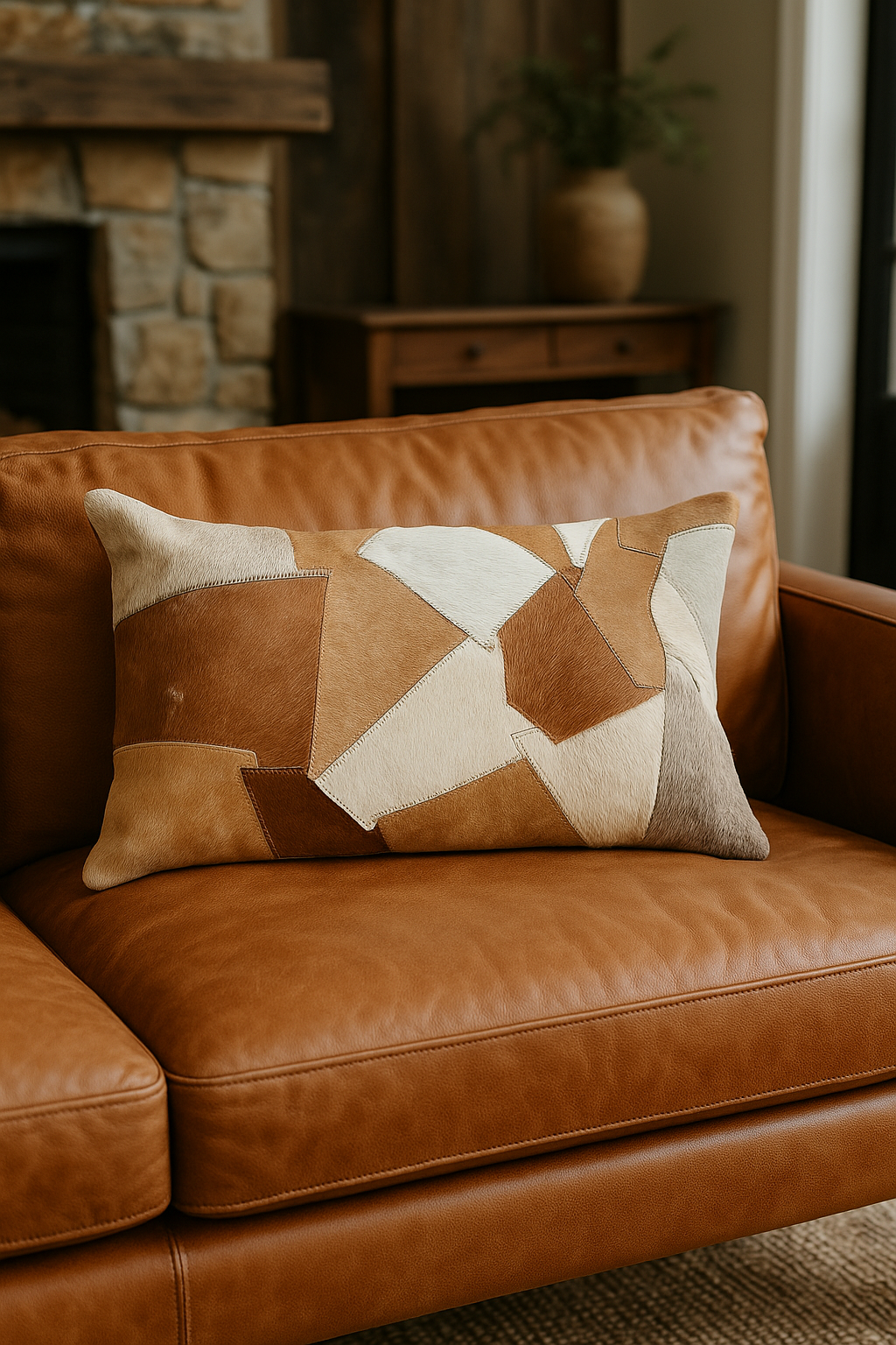 Luxury cowhide cushion with tan and cream patchwork design on brown leather sofa