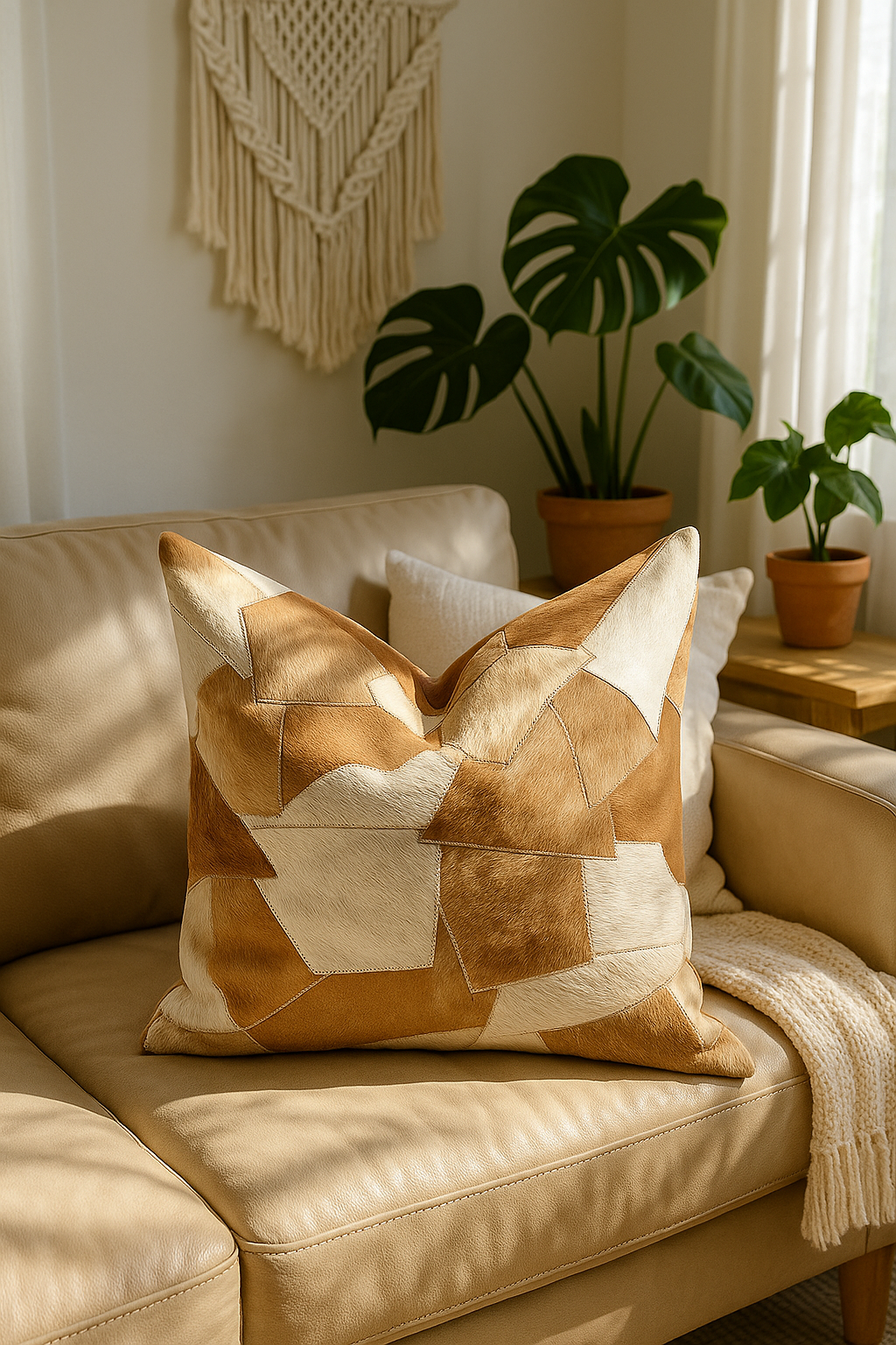 60x60cm cowhide cushion cover in modern Scandinavian living room setting