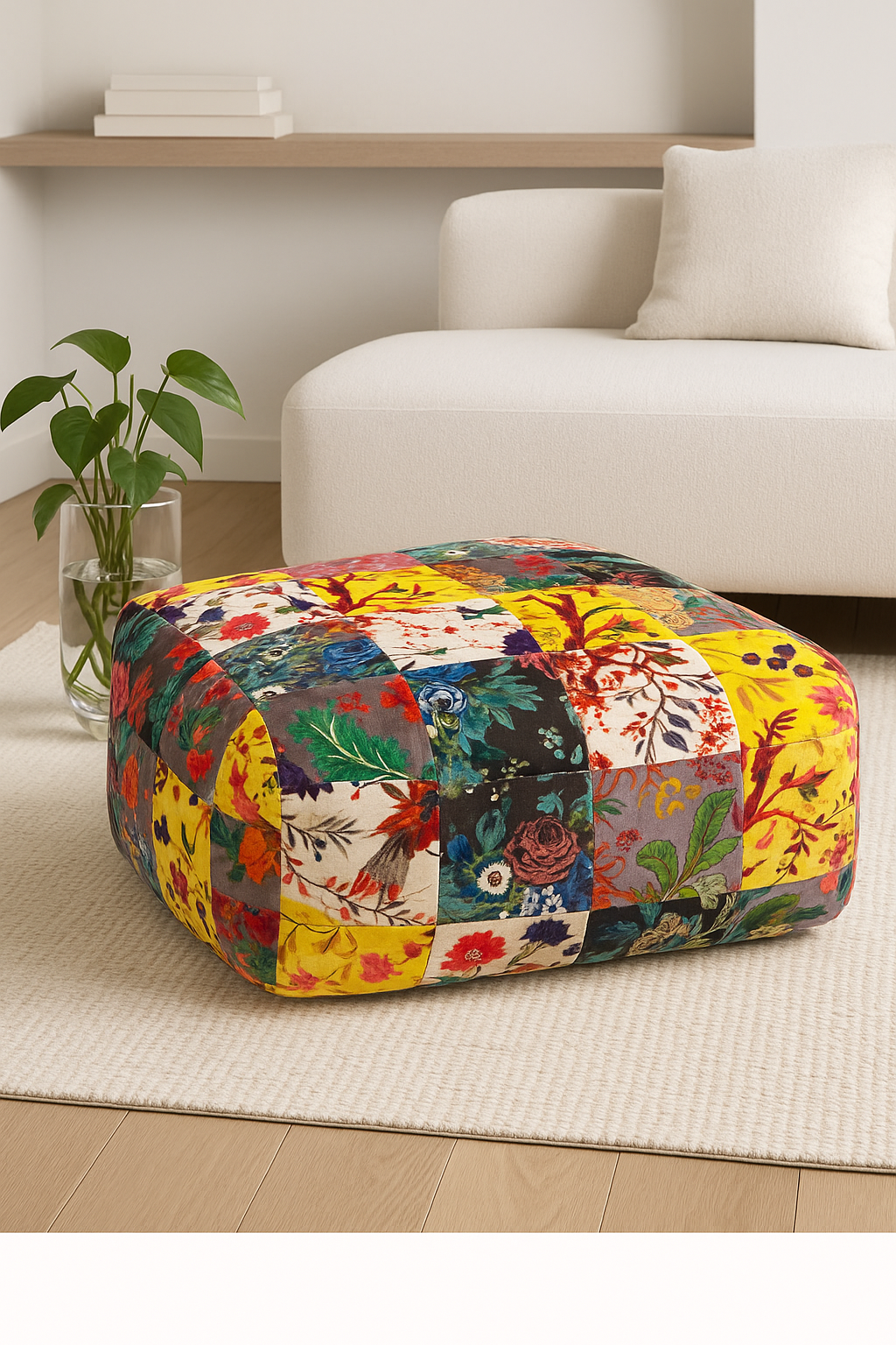 “Bohemian velvet patchwork ottoman in modern living room”