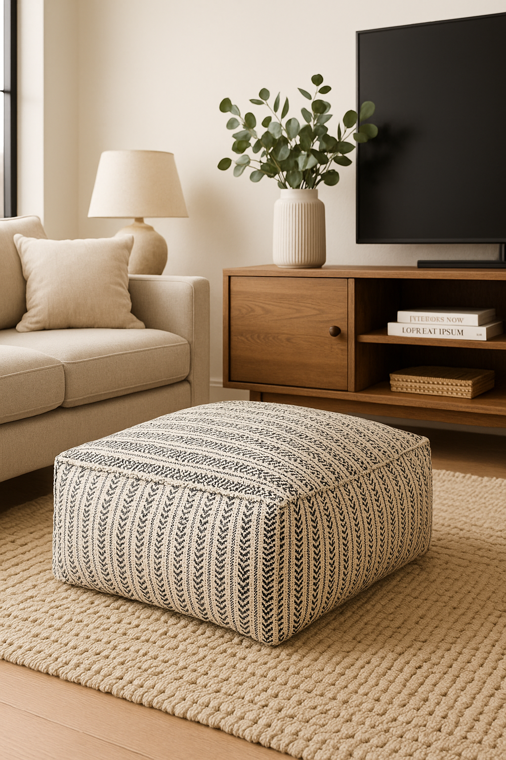“Textured cotton pouf for modern coastal home décor”