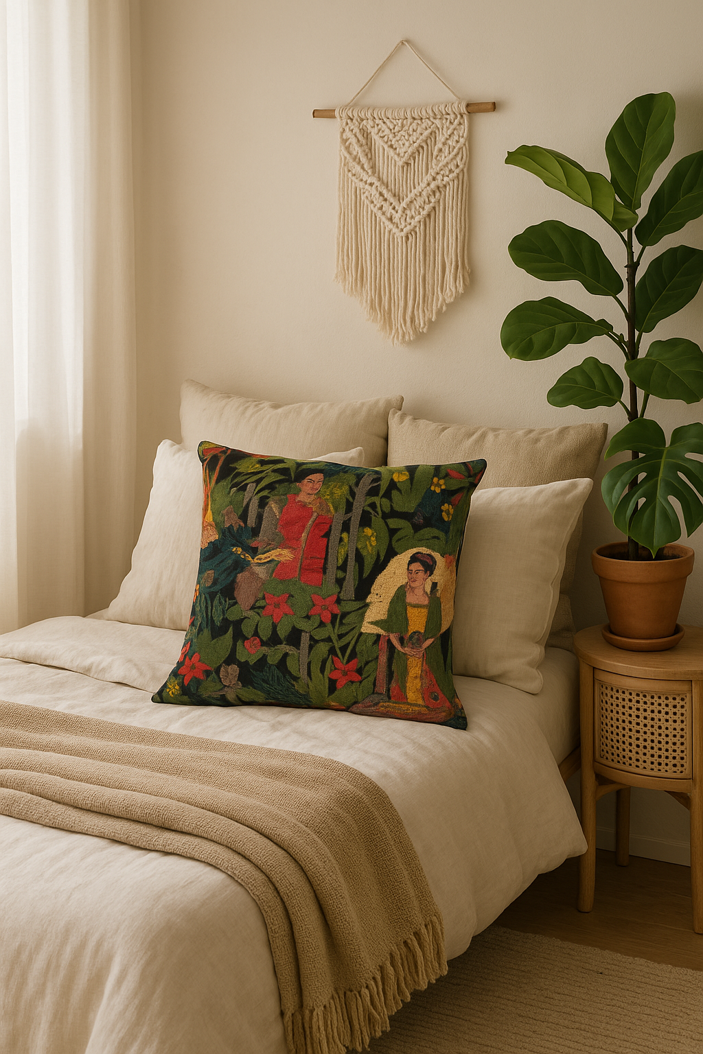 Black Velvet Frida Cushion Cover – bohemian bedroom décor with Mexican-inspired art, styled on beige linen bedding.