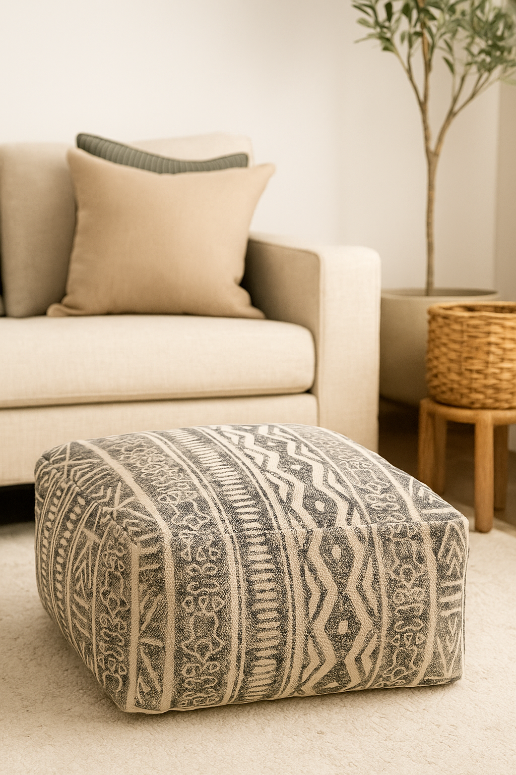 Black and natural kilim ottoman styled in boho coastal living room – 60x60x25cm pouf cover.