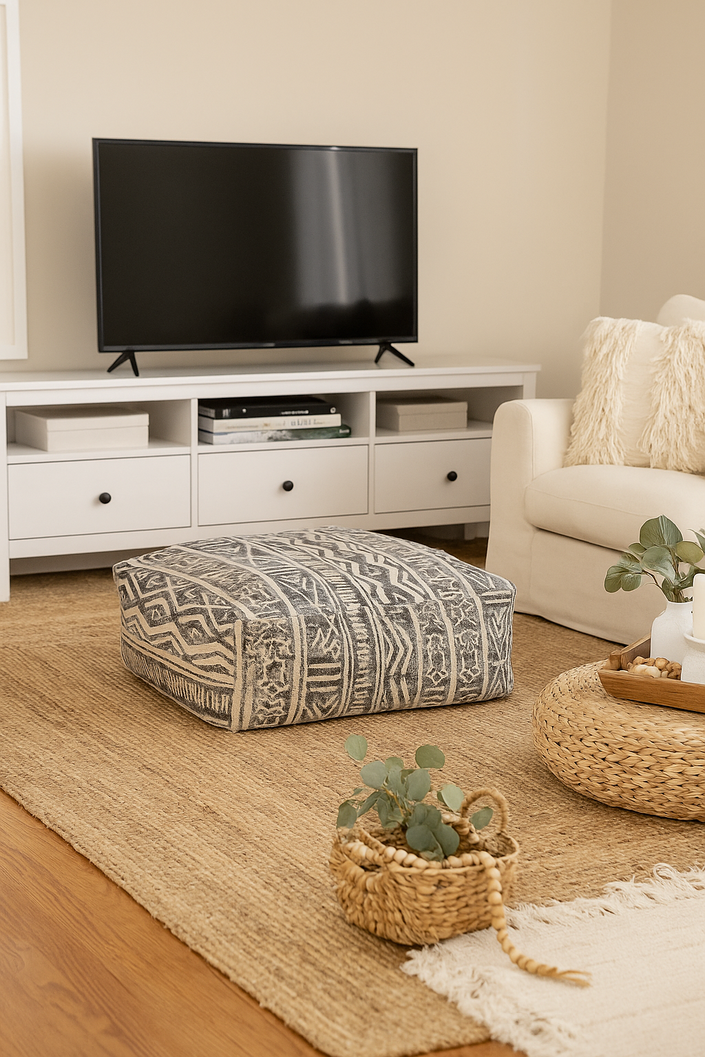 Woven cotton kilim ottoman in neutral tones – Scandinavian home décor floor cushion.