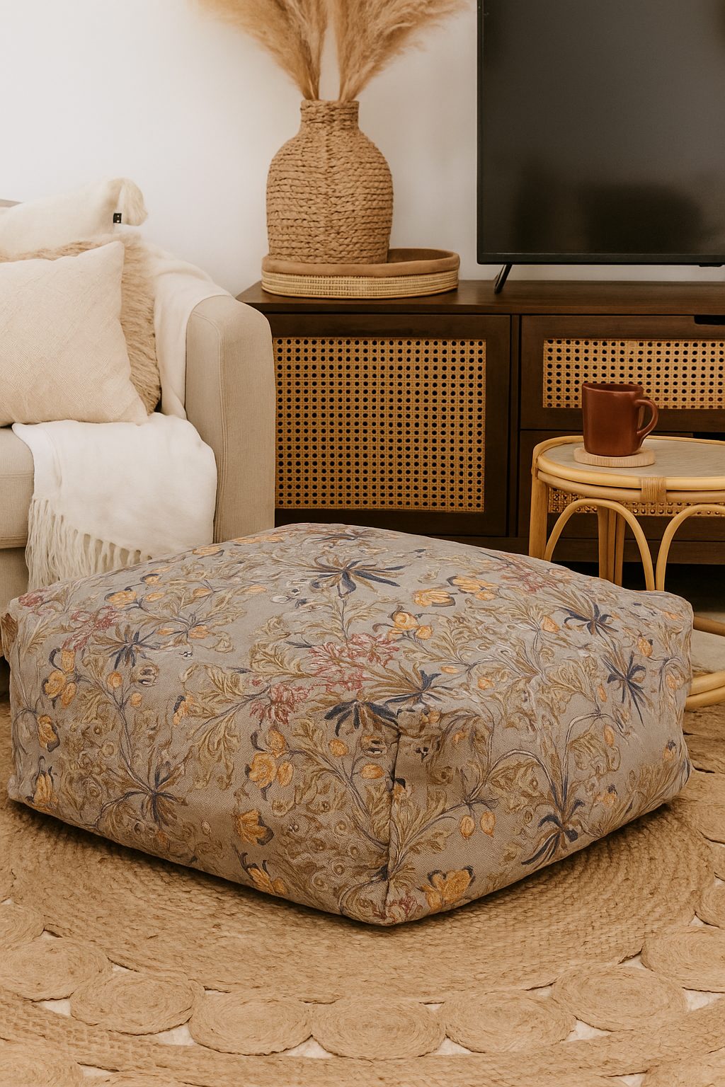 Multicolour floral ottoman styled in warm boho living space – 60x60x25cm cover.