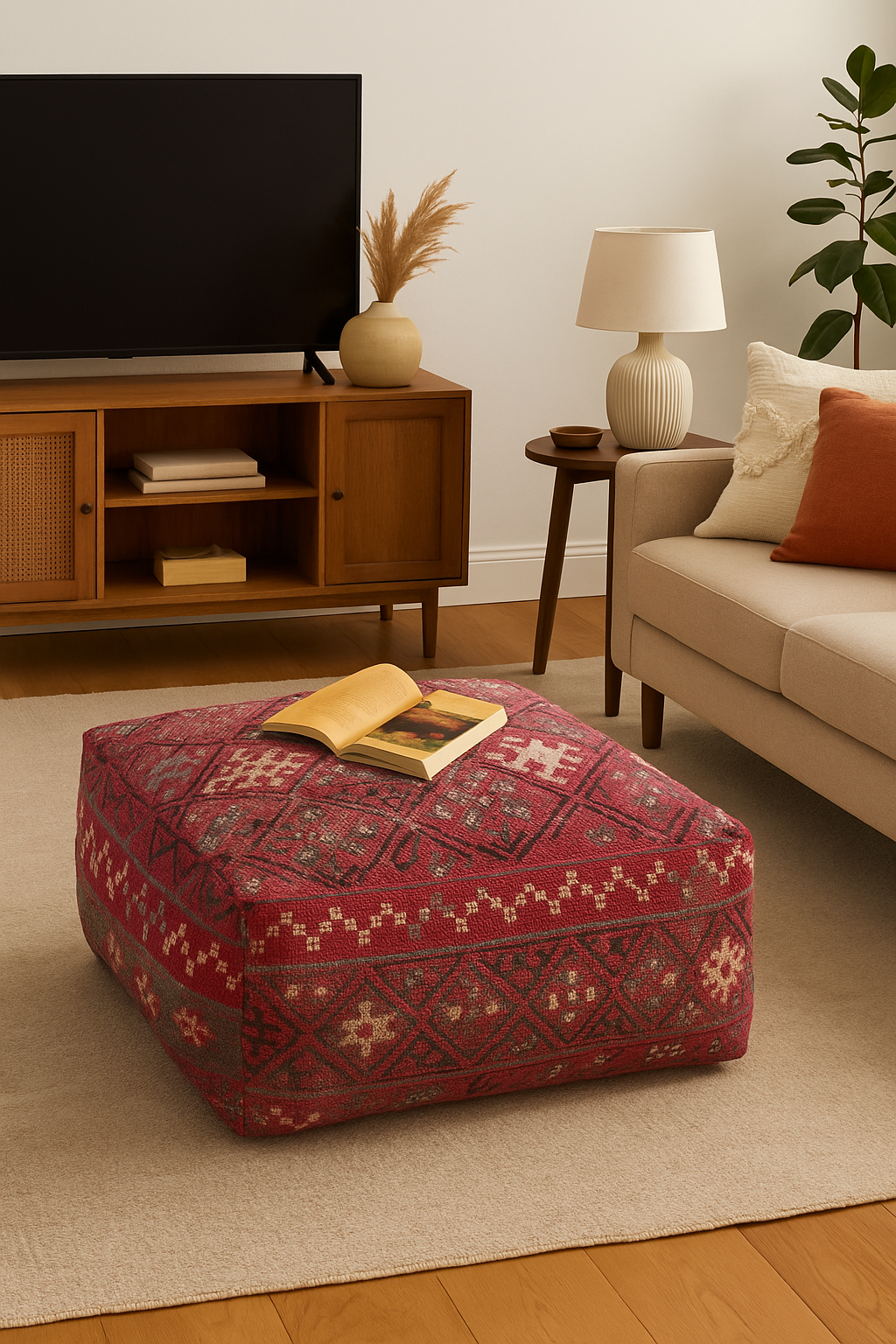 Red cotton kilim ottoman cover – multicolour boho pouf for living room décor.