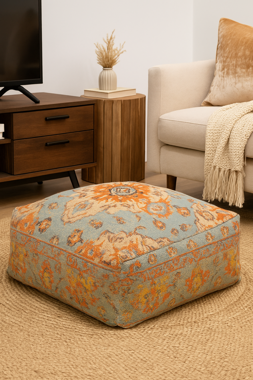 Blue and orange cotton kilim ottoman cover – multicolour pouf for modern living room décor.