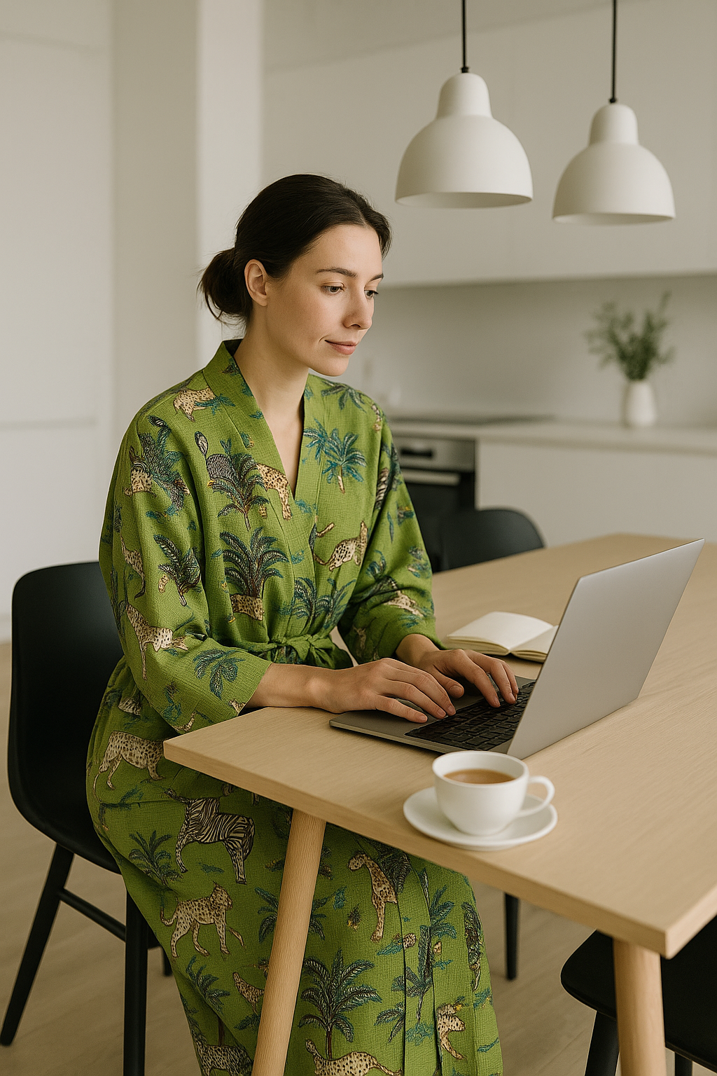 Cotton waffle kimono robe in green safari print, breathable loungewear robe ideal for working from home and relaxing.