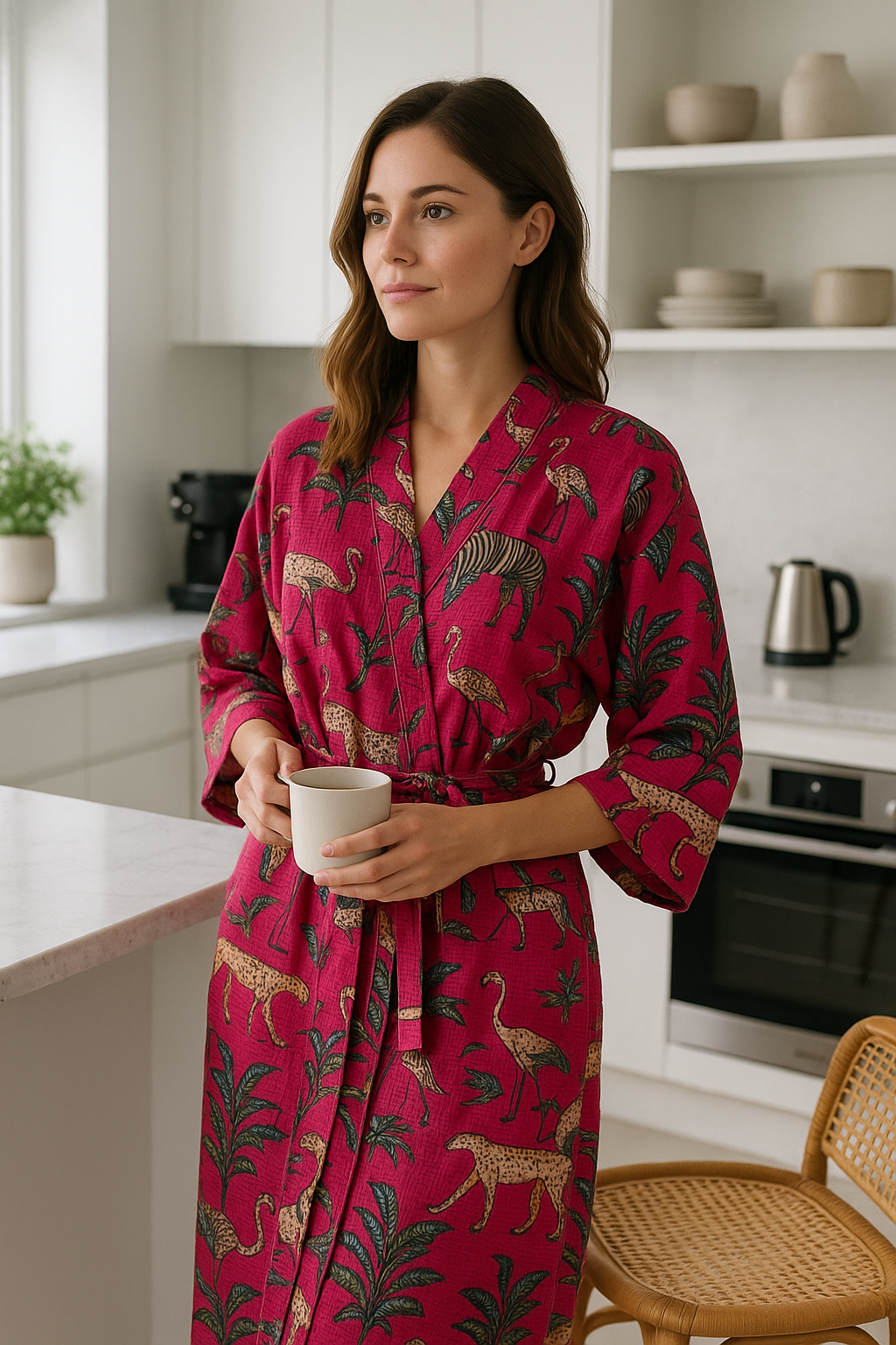 “Red cotton waffle kimono robe for women, lightweight loungewear worn while working from home”