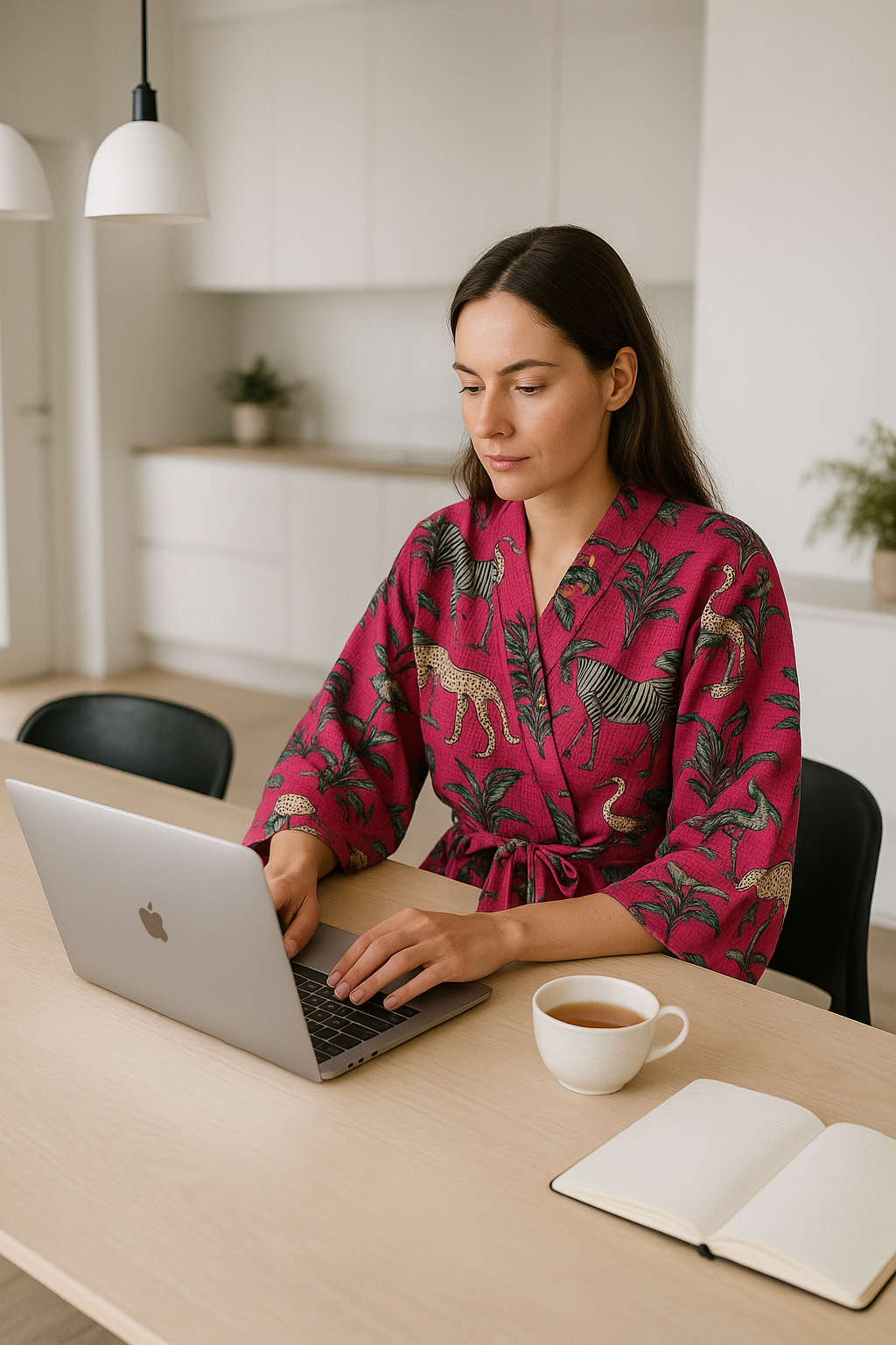 “Women’s red safari print cotton kimono robe styled as beach cover-up at sunset”