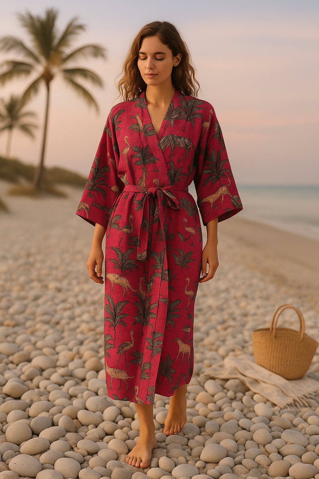 “Lightweight cotton waffle kimono robe in red, styled poolside as resort wear”