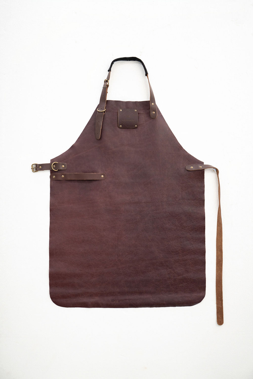 Full length espresso brown leather work apron with durable finish