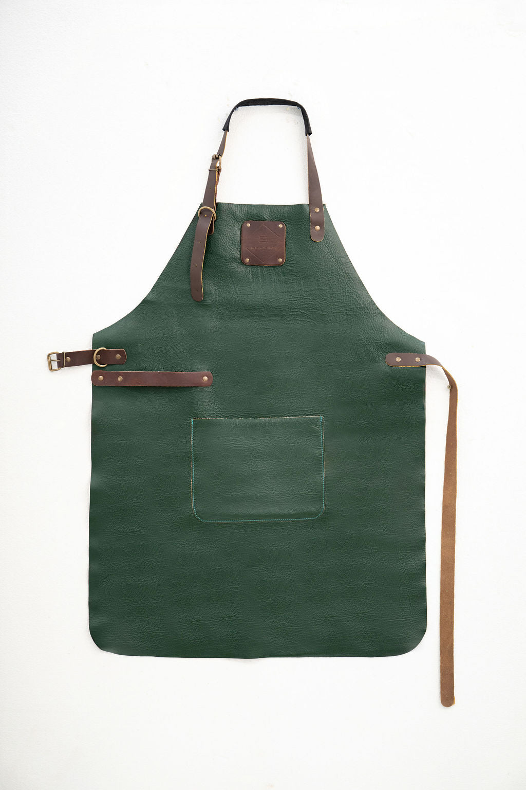 Signature forest green leather apron for kitchen BBQ and workshop use