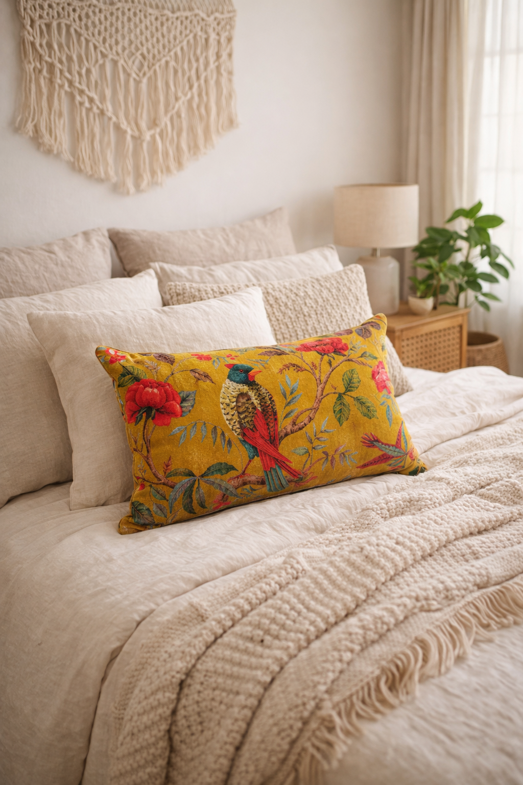 Bird and floral mustard velvet lumbar cushion cover styled on neutral bed setting