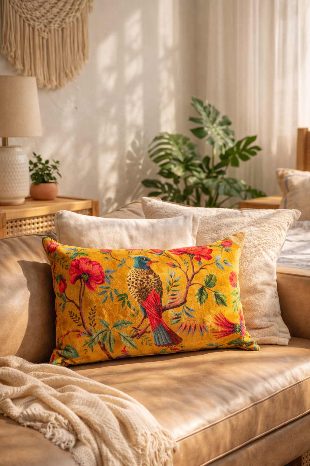 Botanical bird velvet lumbar cushion cover in mustard yellow layered with neutral cushions