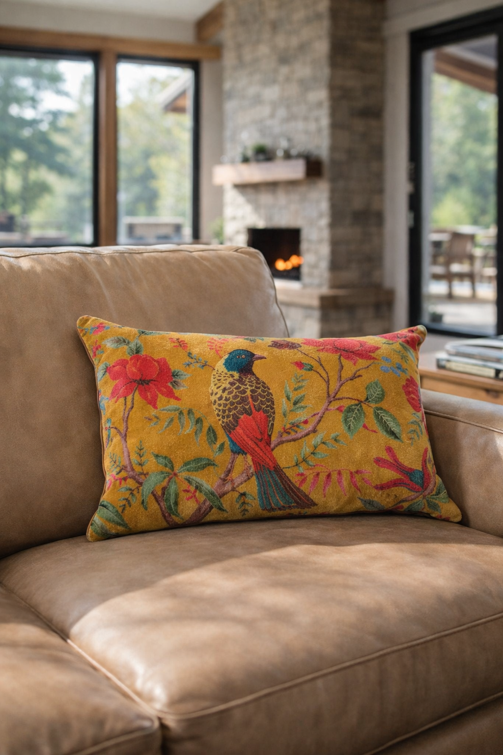 Mustard velvet bird and floral lumbar cushion cover styled on leather sofa in modern home